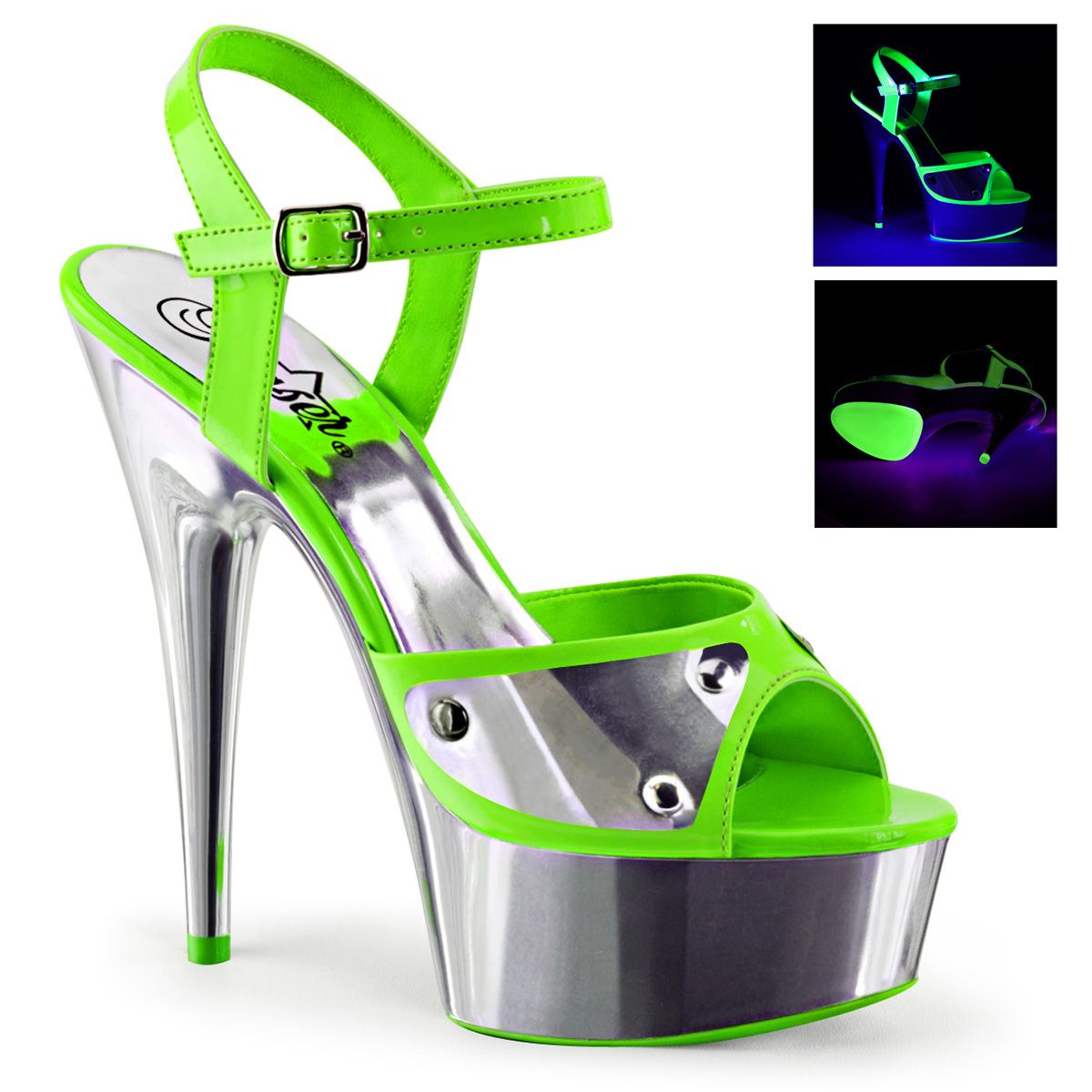 DEL609NC/NGN/SCH Stříbrné sexy boty se zelenými pásky | DELIGHT-609NC Pleaser